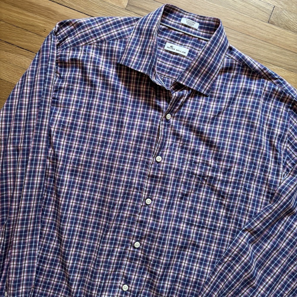 Peter Millar Long Sleeve Dress Shirt Men's XL Plaid 100% Cotton Multicolor Cream